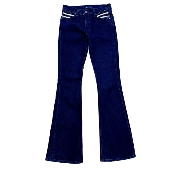 Anthropologie x Levis Stems Flare Jeans Women 26 Embroidered Mid Rise Dark Blue - Picture 1 of 12